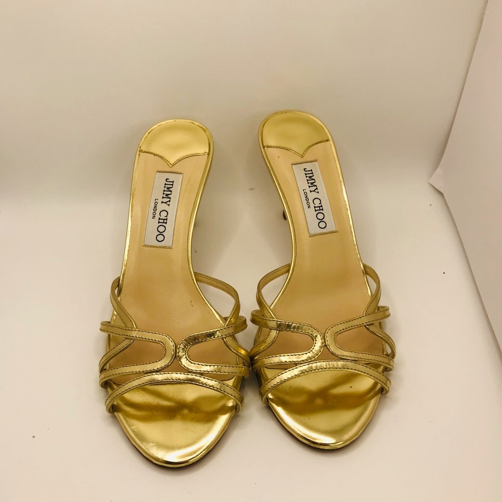 Jimmy Choo Metallic Gold Strappy Slide Heels - Picture 5 of 12